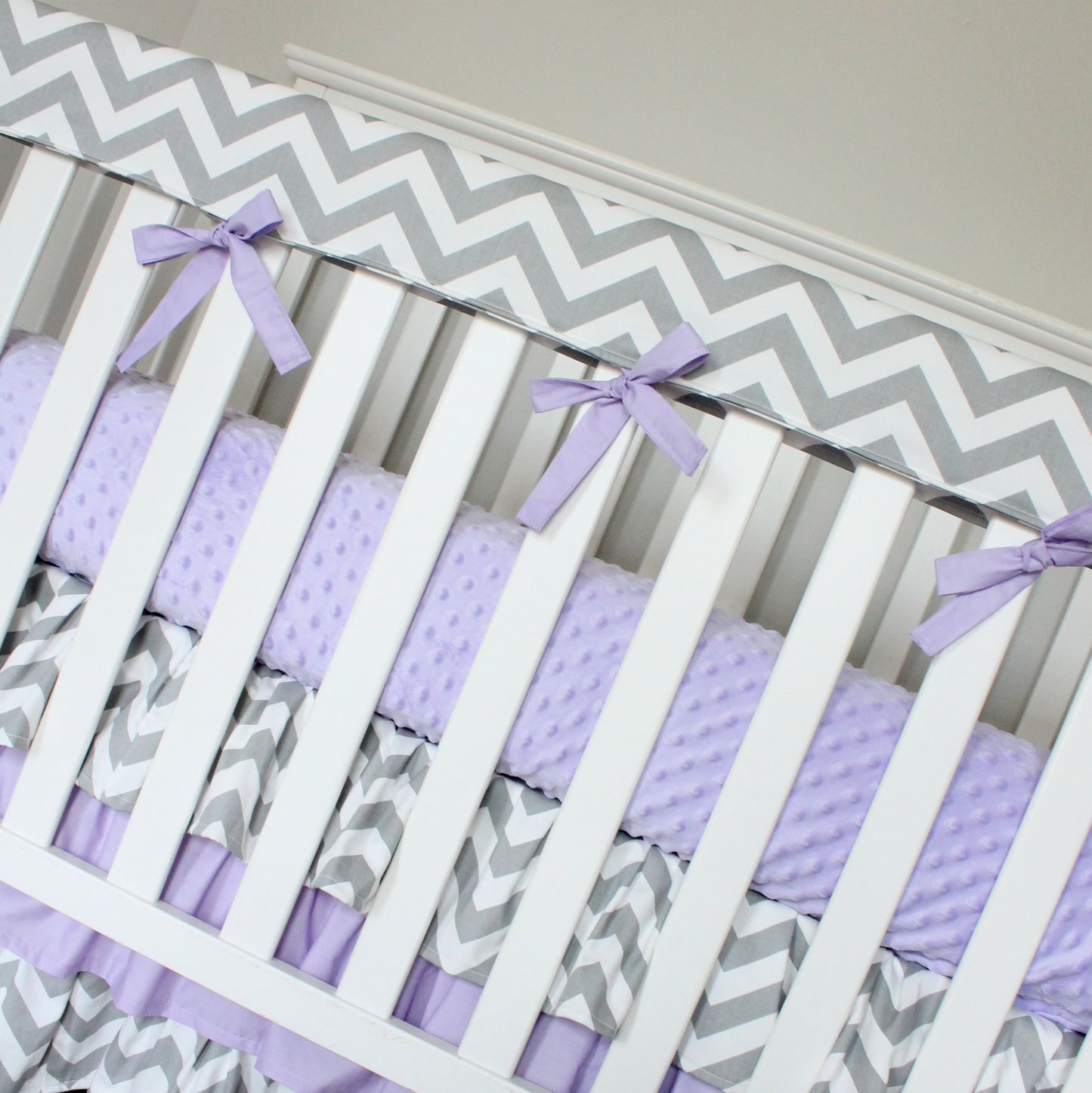 Girl baby bedding. Lavender chevron 3 tiered ruffled crib skirt crib bedding
