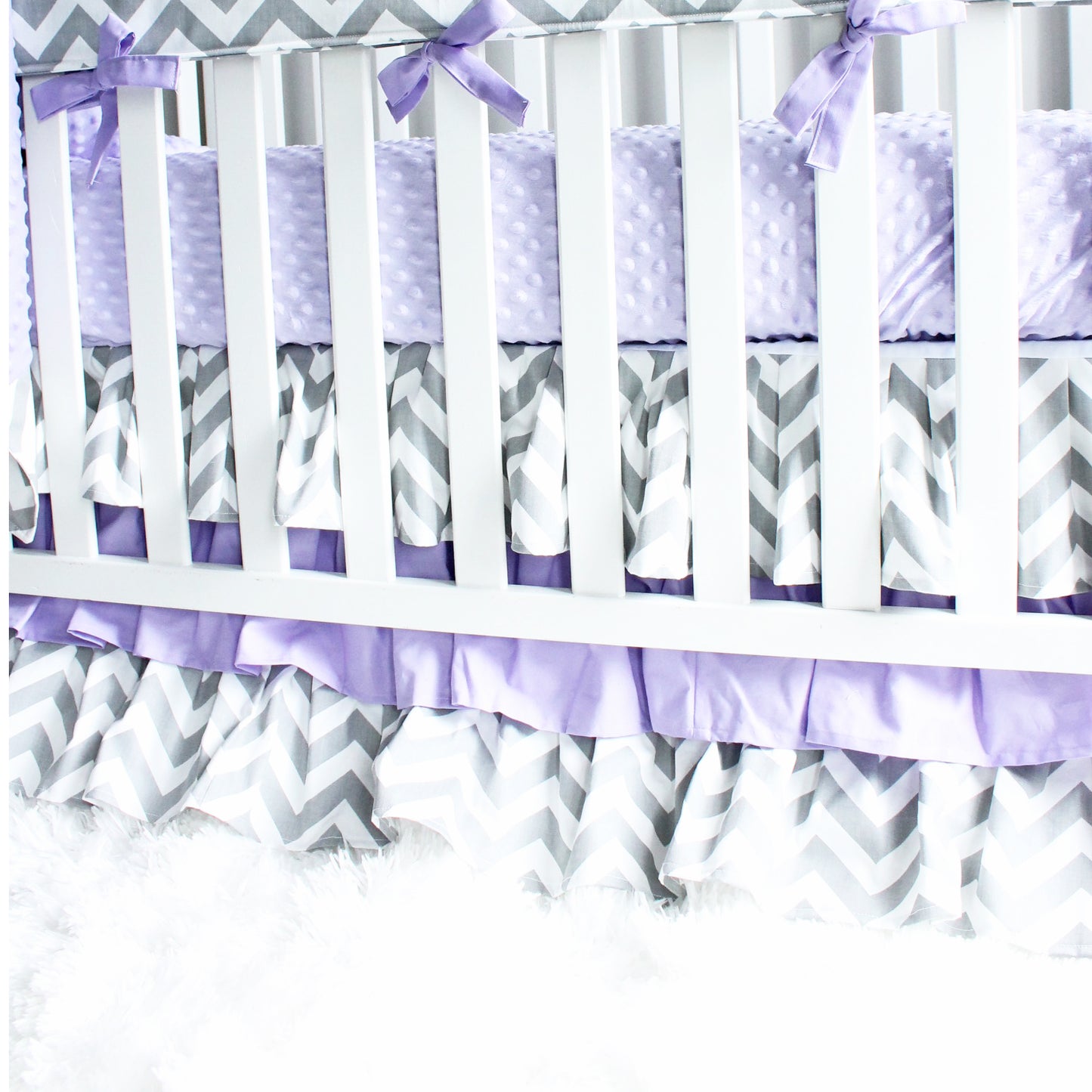 Girl baby bedding. Lavender chevron 3 tiered ruffled crib skirt crib bedding