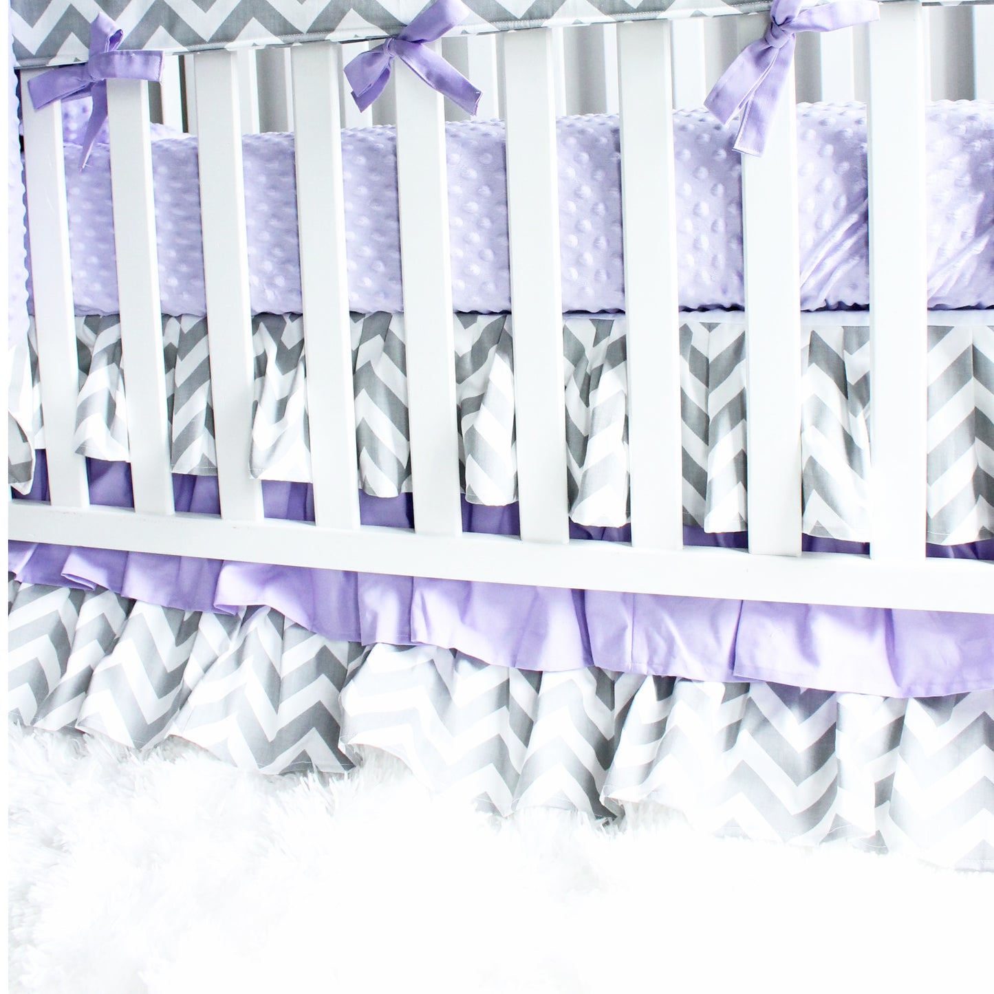 Girl baby bedding. Lavender chevron 3 tiered ruffled crib skirt crib bedding