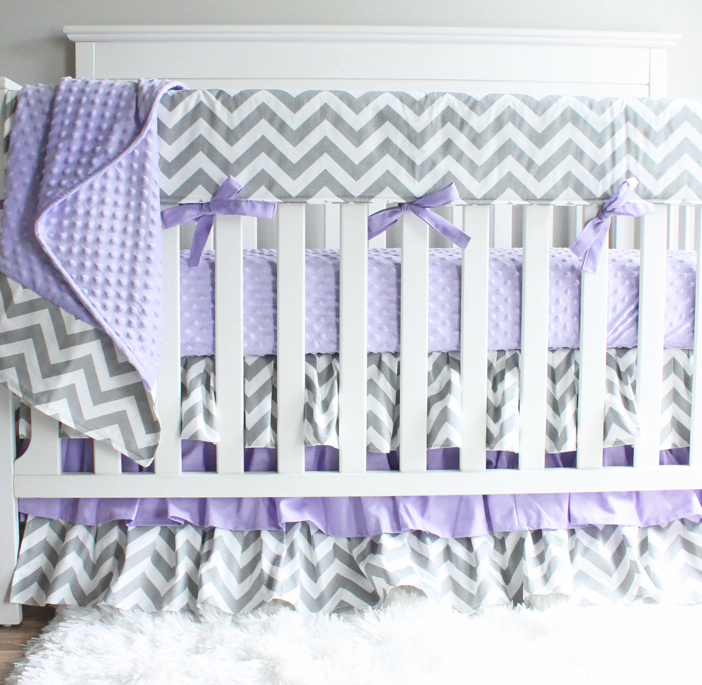 Girl baby bedding. Lavender chevron 3 tiered ruffled crib skirt crib bedding