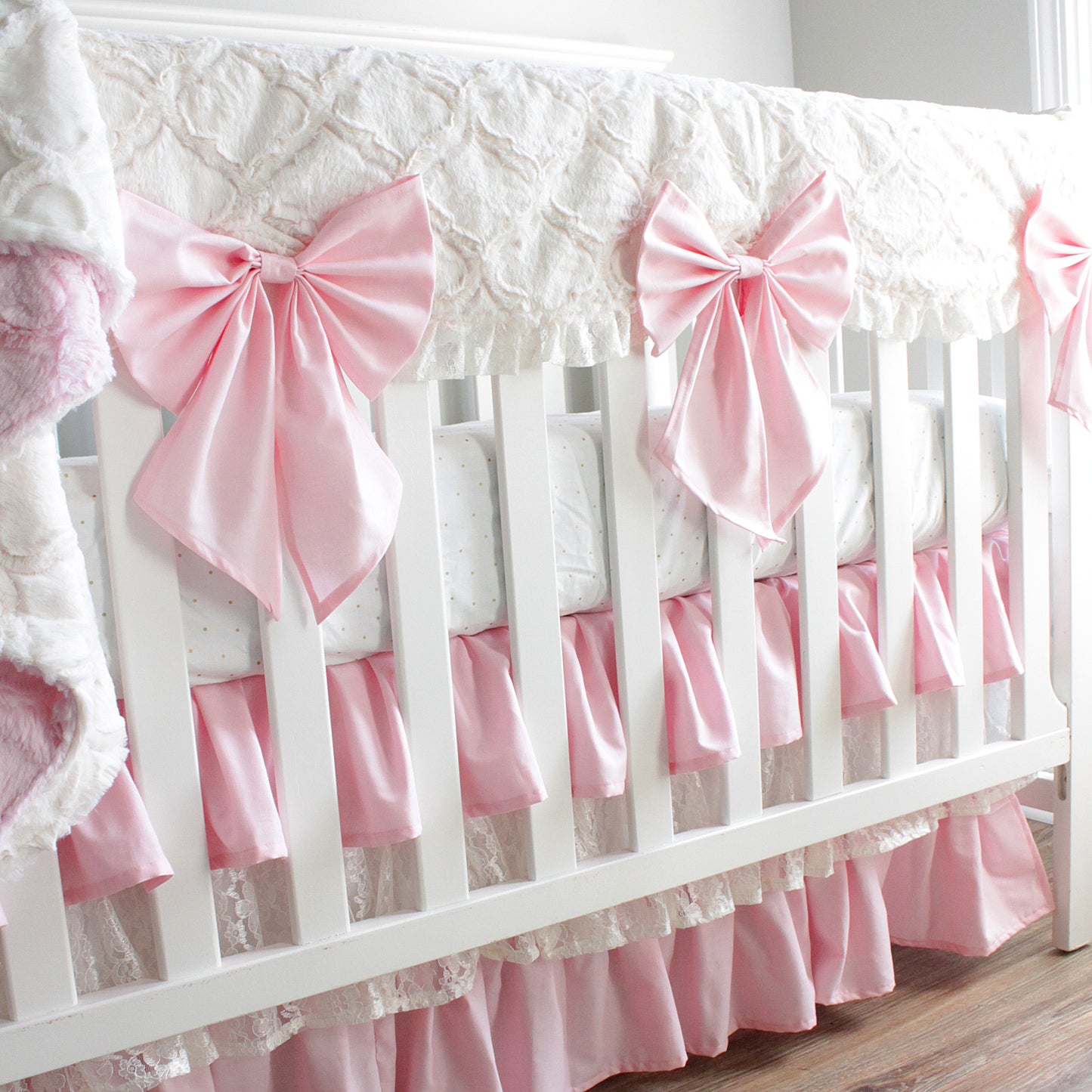 Pink and Ivory Minky Lace Scallop Rail Cover Baby Girl Crib Bedding