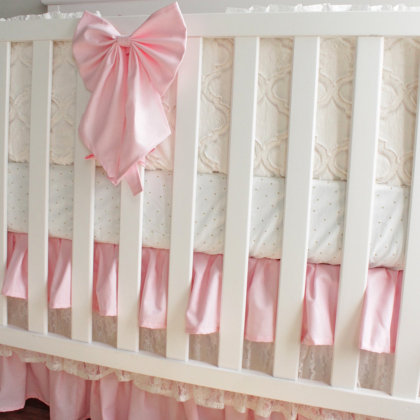 Pink and Ivory Minky Lace Scallop Rail Cover Baby Girl Crib Bedding