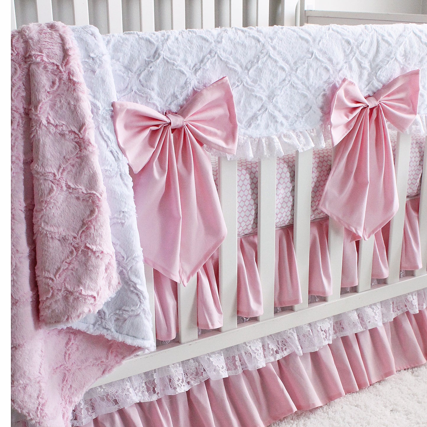 Pink and White Minky Lace Scallop Rail Cover Baby Girl Crib Bedding