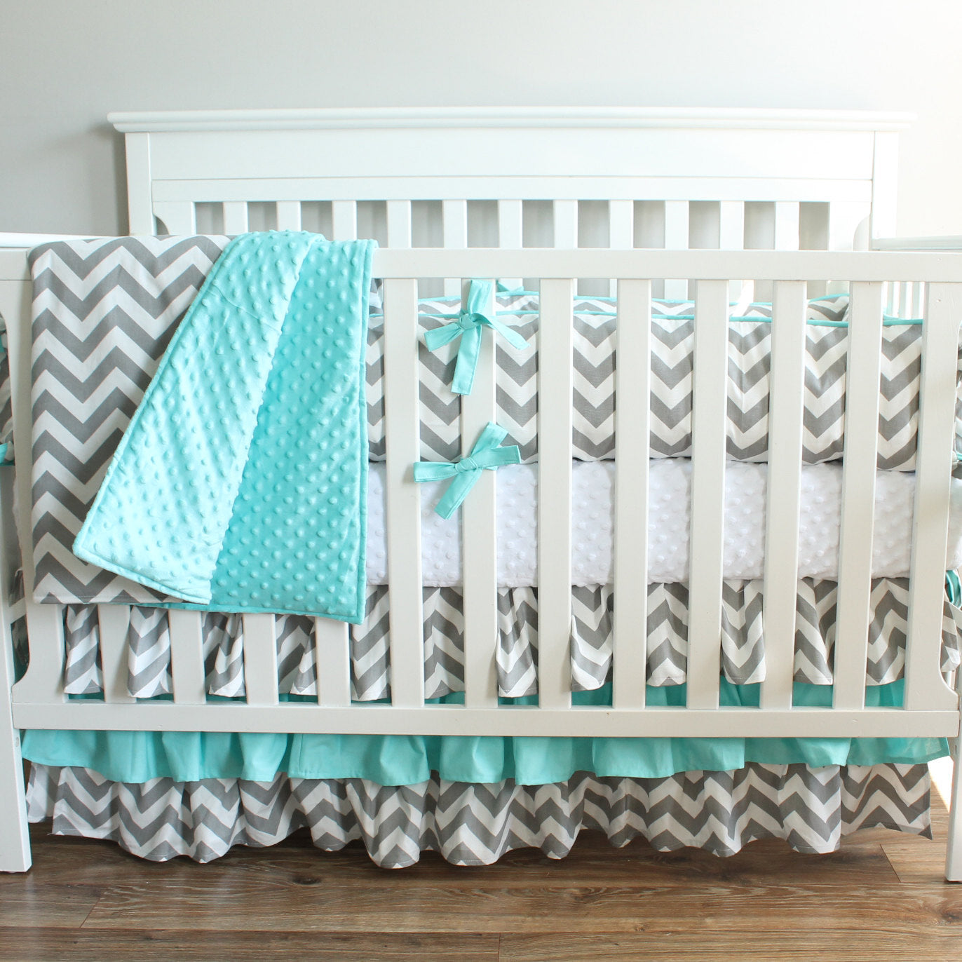 Gray Chevron Aqua Crib Bedding Set