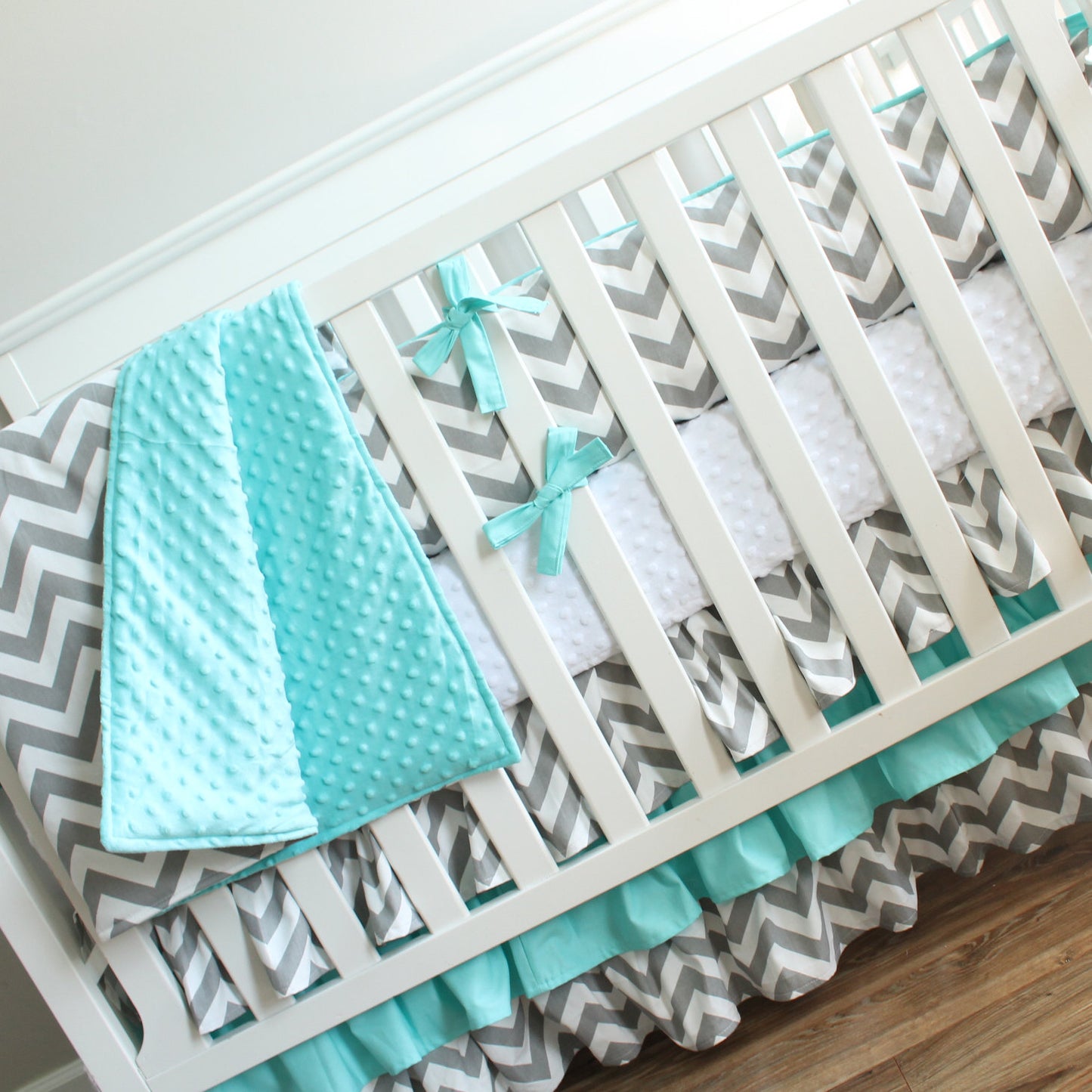 Gray Chevron Aqua Crib Bedding Set