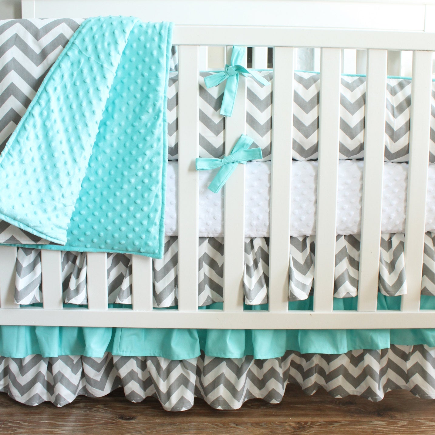 Gray Chevron Aqua Crib Bedding Set