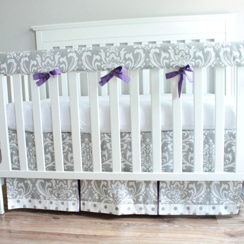 Gray & Purple Damask Crib Rail Bedding set.