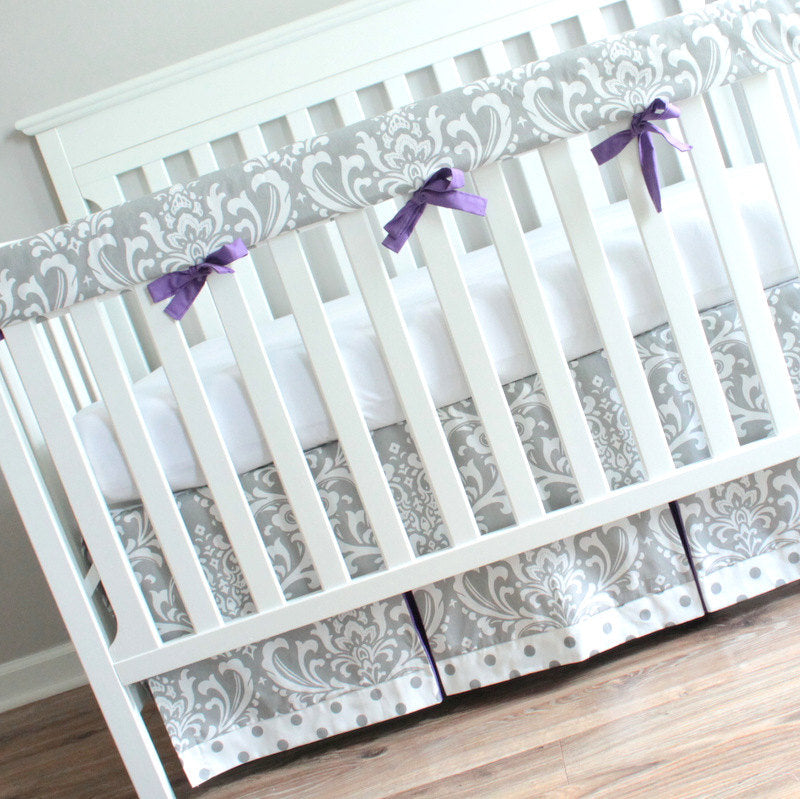 Gray & Purple Damask Crib Rail Bedding set.