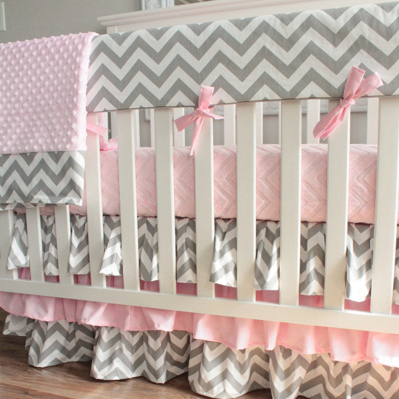 Gray Chevron Pink Bumperless Crib Rail Bedding Set