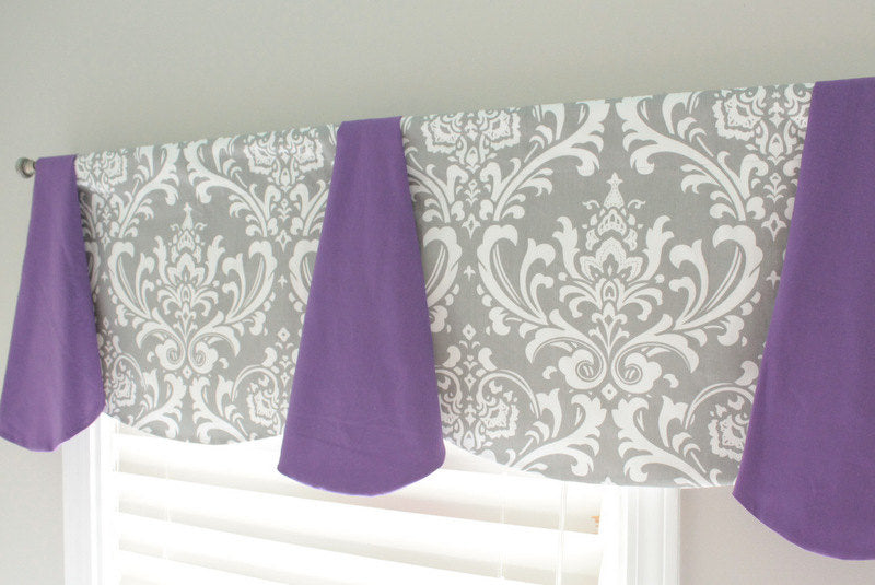 Custom Gray Damask Imperial window Valance. Available in other fabrics and colors.