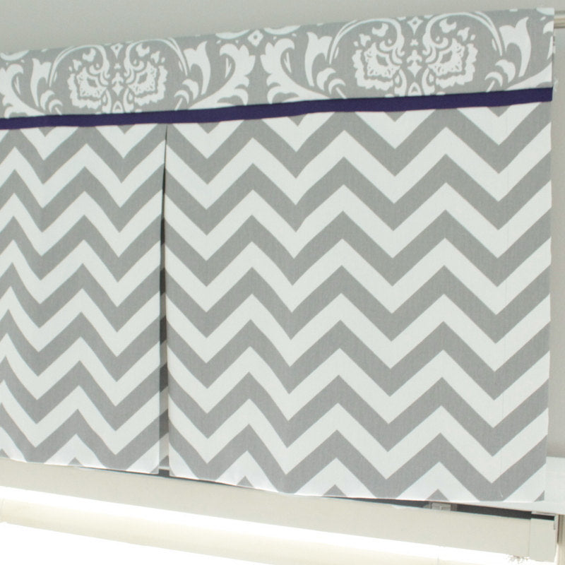 Custom Box Pleat valance. Gray Chevron Damask with Accent navy. Other Colors available.