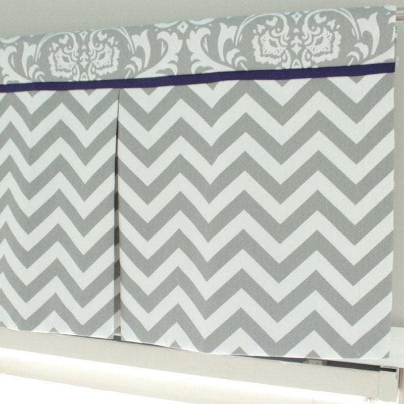 Custom Box Pleat valance. Gray Chevron Damask with Accent navy.  Other Colors available.