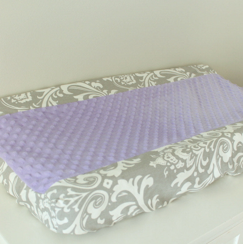Gray damask with lavender accent contour cover