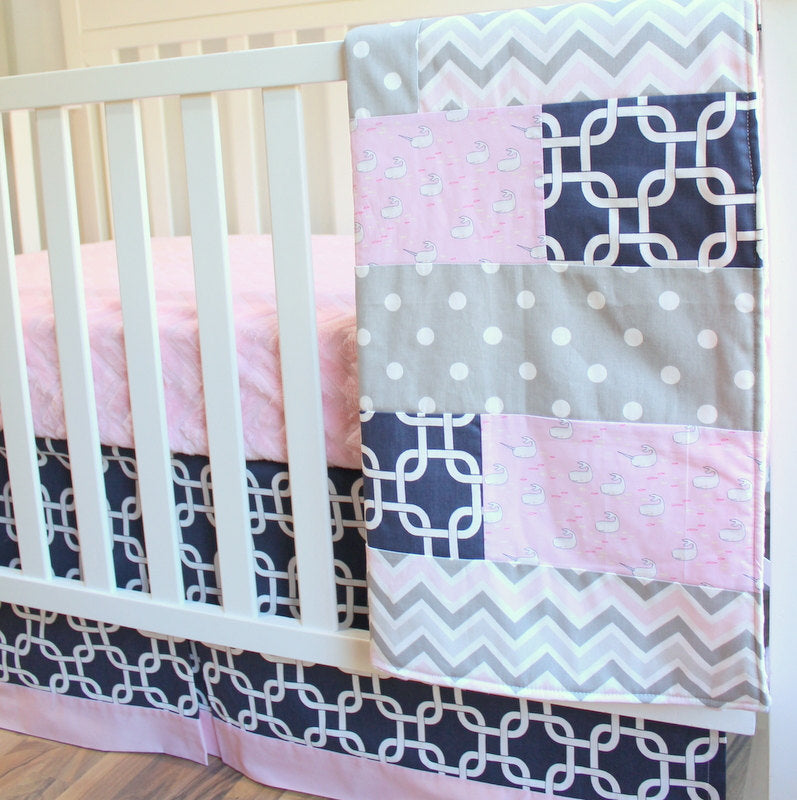 Baby Girl Crib bedding set. Navy Blue, Pink, Gray, Bumperless baby bedding set