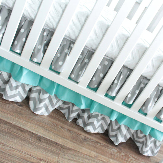 Ruffled Crib skirt.  3 Tiered Crib skirt design. Available in all fabric collections.