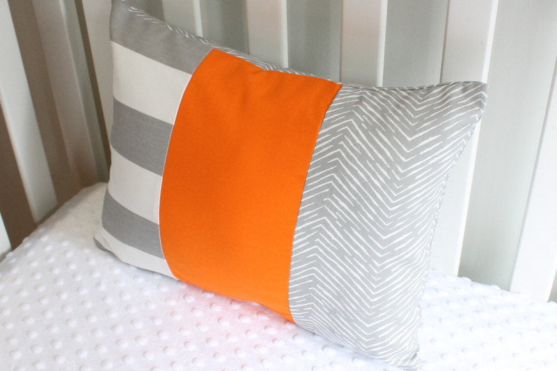 Gray and Orange Navy Stripe Bumperless Crib Bedding Set