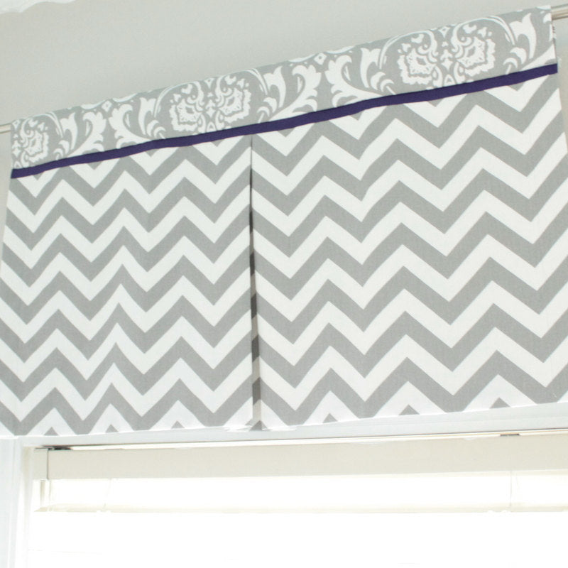 Custom Box Pleat valance. Gray Chevron Damask with Accent navy. Other Colors available.