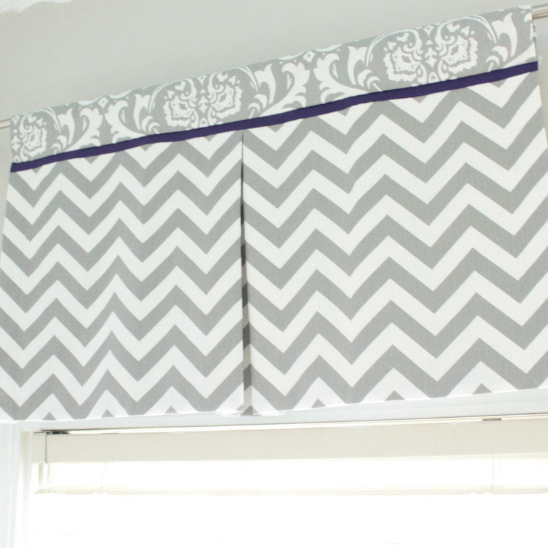 Custom Box Pleat valance. Gray Chevron Damask with Accent lavender.  Other Colors available.
