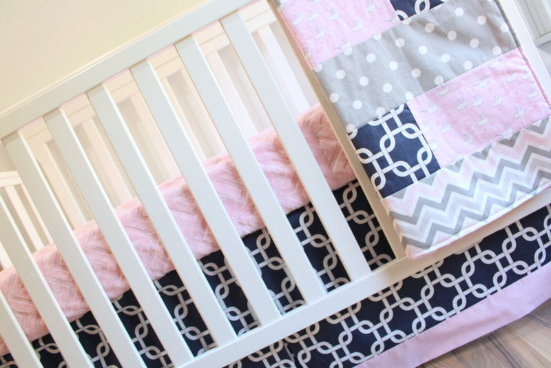 Baby Girl Crib bedding set. Navy Blue, Pink, Gray, Bumperless baby bedding set