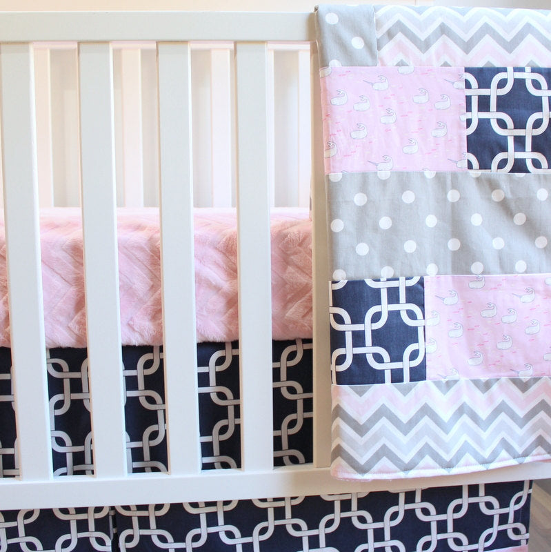 Baby Girl Crib bedding set. Navy Blue, Pink, Gray, Bumperless baby bedding set