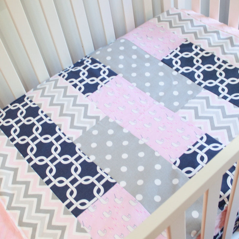 Baby Girl Crib bedding set.  Navy Blue, Pink, Gray, Bumperless baby bedding set