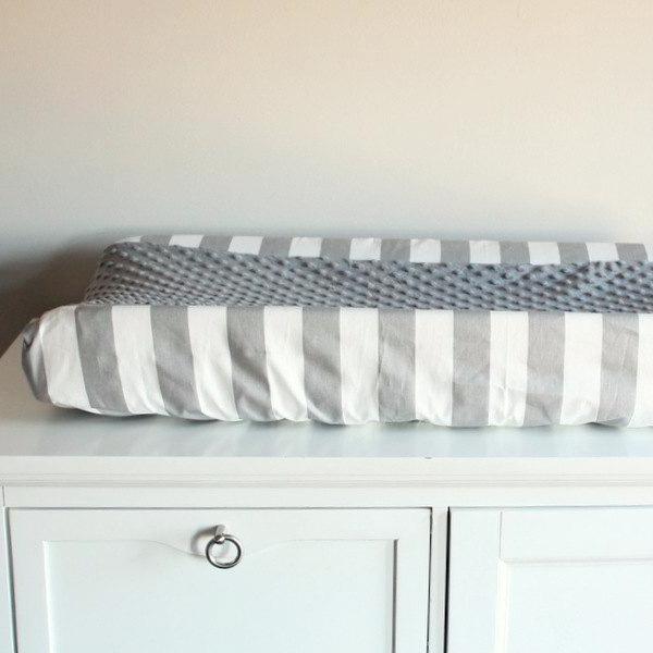 Gray & white stripe with accent gray minky Contour Changing pad cover.