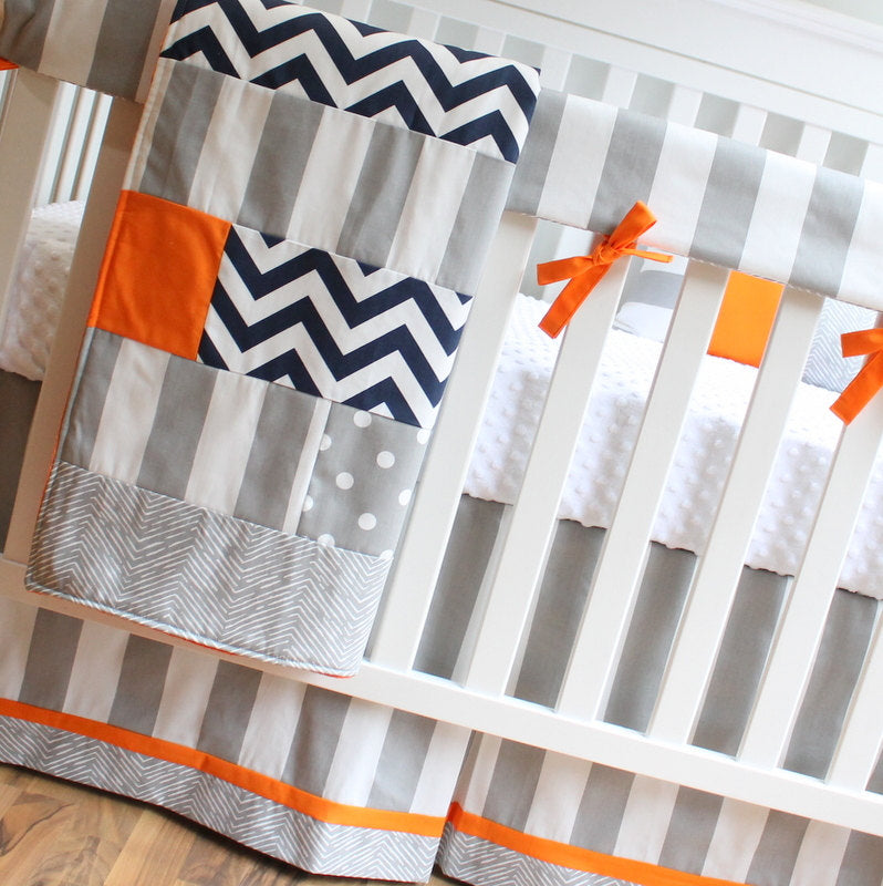 Gray and Orange Navy Stripe Bumperless Crib Bedding Set