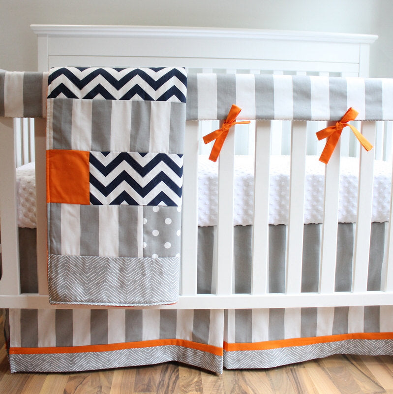 Gray and Orange Navy Stripe Bumperless Crib Bedding Set