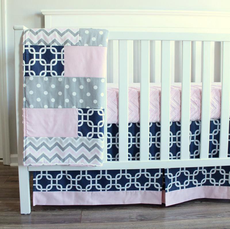 Baby Girl Crib bedding set. Navy Blue, Pink, Gray, Bumperless baby bedding set