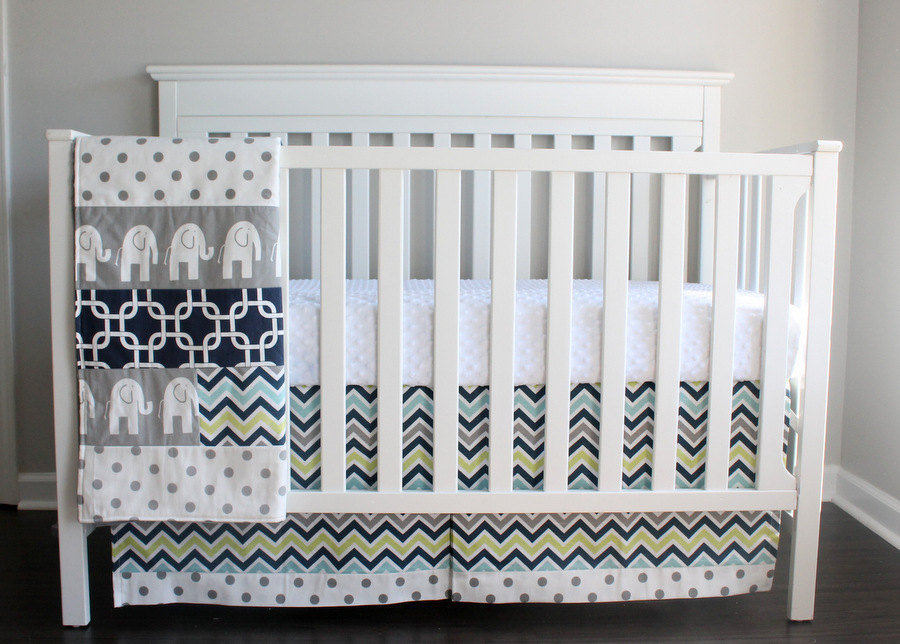 IN STOCK. Bumperless Baby Crib bedding. Navy, Gray Elephant, chevron, polka dot crib set.