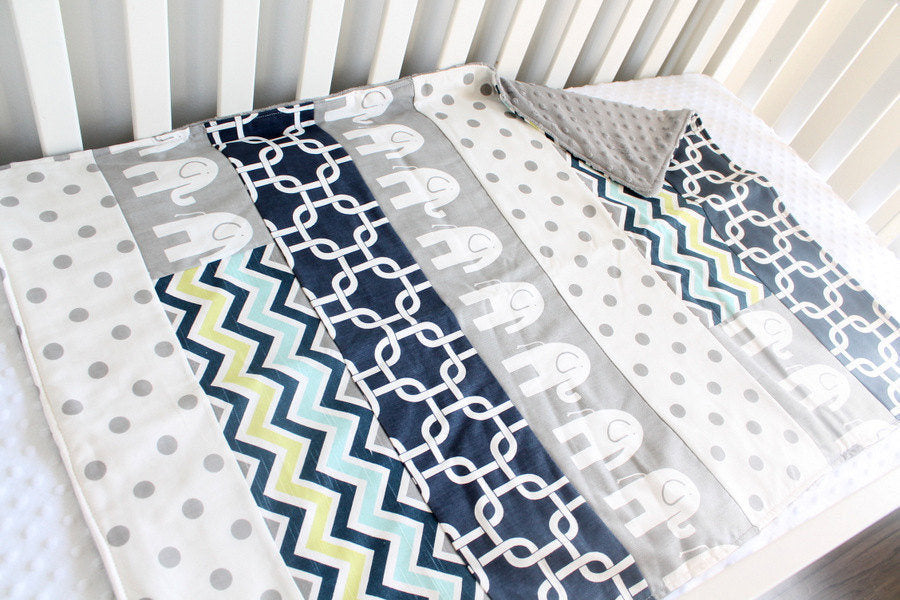 IN STOCK. Bumperless Baby Crib bedding. Navy, Gray Elephant, chevron, polka dot crib set.