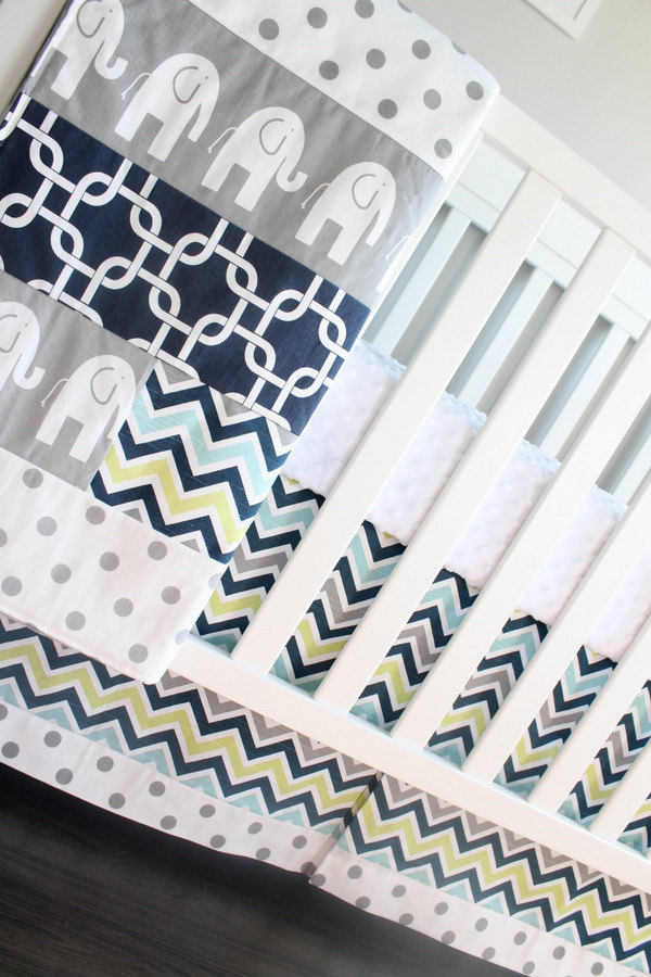 IN STOCK. Bumperless Baby Crib bedding. Navy, Gray Elephant, chevron, polka dot crib set.
