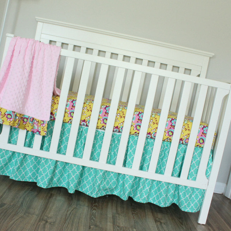 3 PC Set Floral Girl Turquoise pink  bumperless crib bedding set.  In Stock