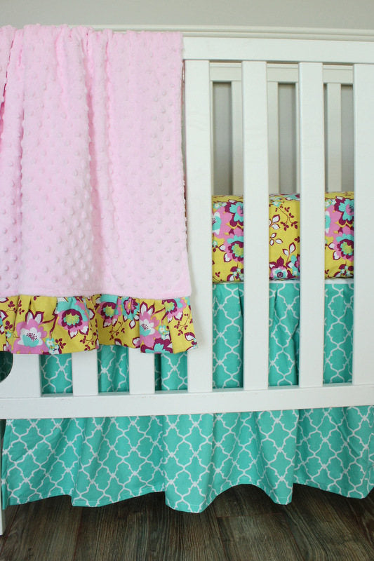3 PC Set Floral Girl Turquoise pink bumperless crib bedding set. In Stock