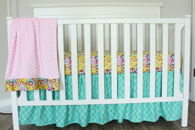3 PC Set Floral Girl Turquoise pink bumperless crib bedding set. In Stock