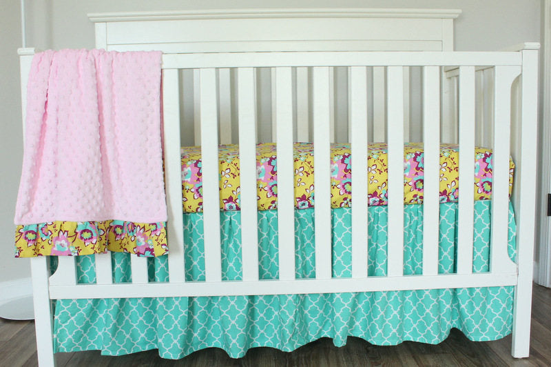 3 PC Set Floral Girl Turquoise pink  bumperless crib bedding set.  In Stock