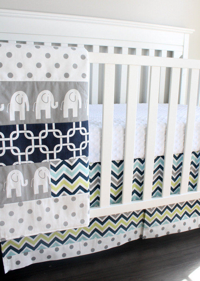 IN STOCK. Bumperless Baby Crib bedding. Navy, Gray Elephant, chevron, polka dot crib set.
