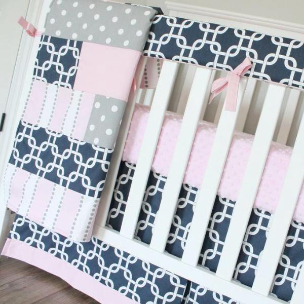 Navy and Pink Girl baby bedding set