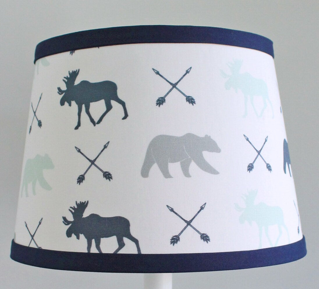 Boy Nursery Drum Lamp Shade. Lumberjack Moose Bear Navy Mint Gray
