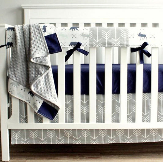 Navy Gray and Mint Woodland Moose Bear Baby Boy Crib Bedding nursery