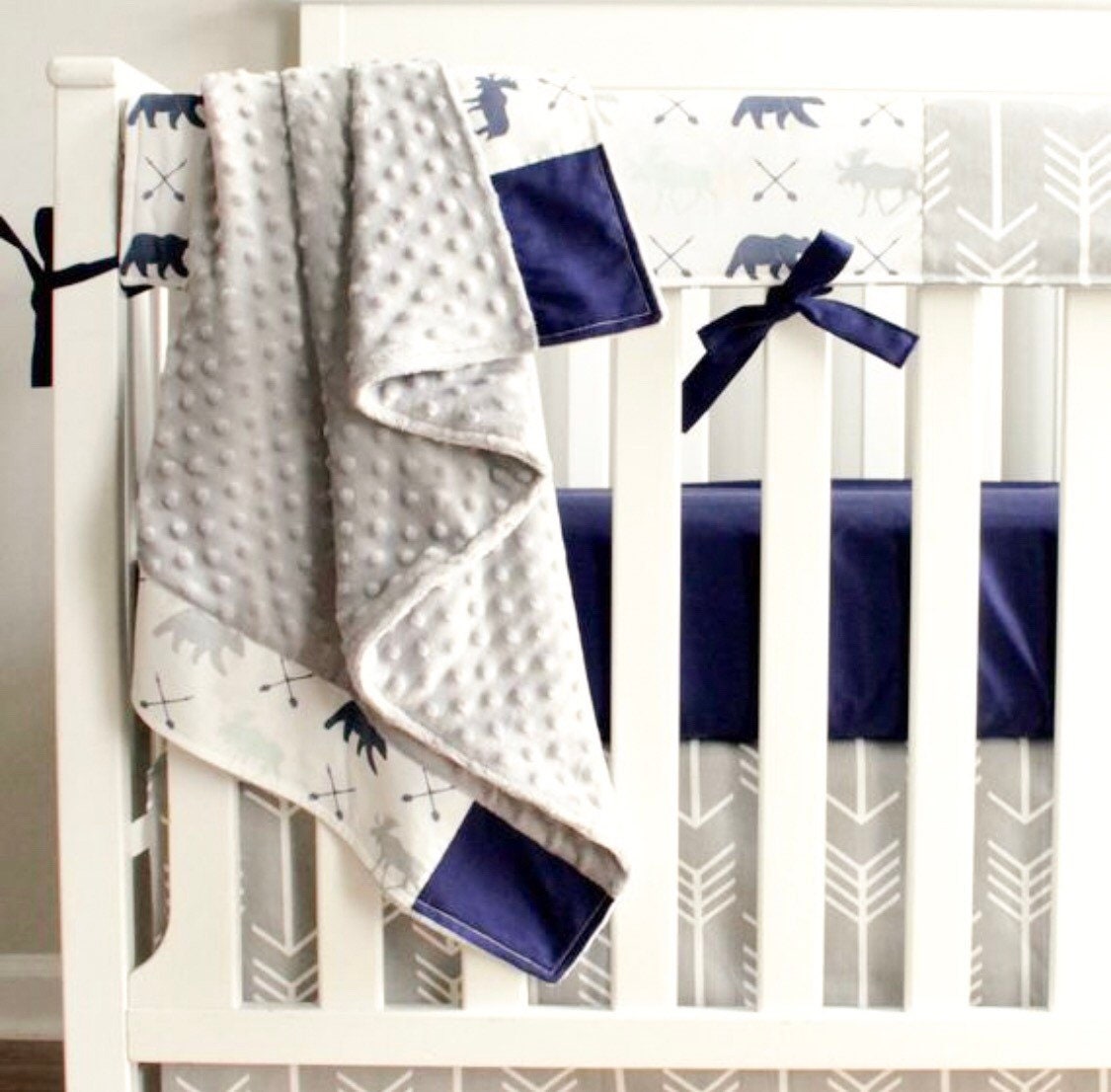 Navy Gray and Mint Woodland Moose Bear Baby Boy Crib Bedding nursery