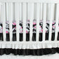Black and white 3 tiered Crib Skirt. Pink and black floral crib sheet. Nursery bedding. In stock.