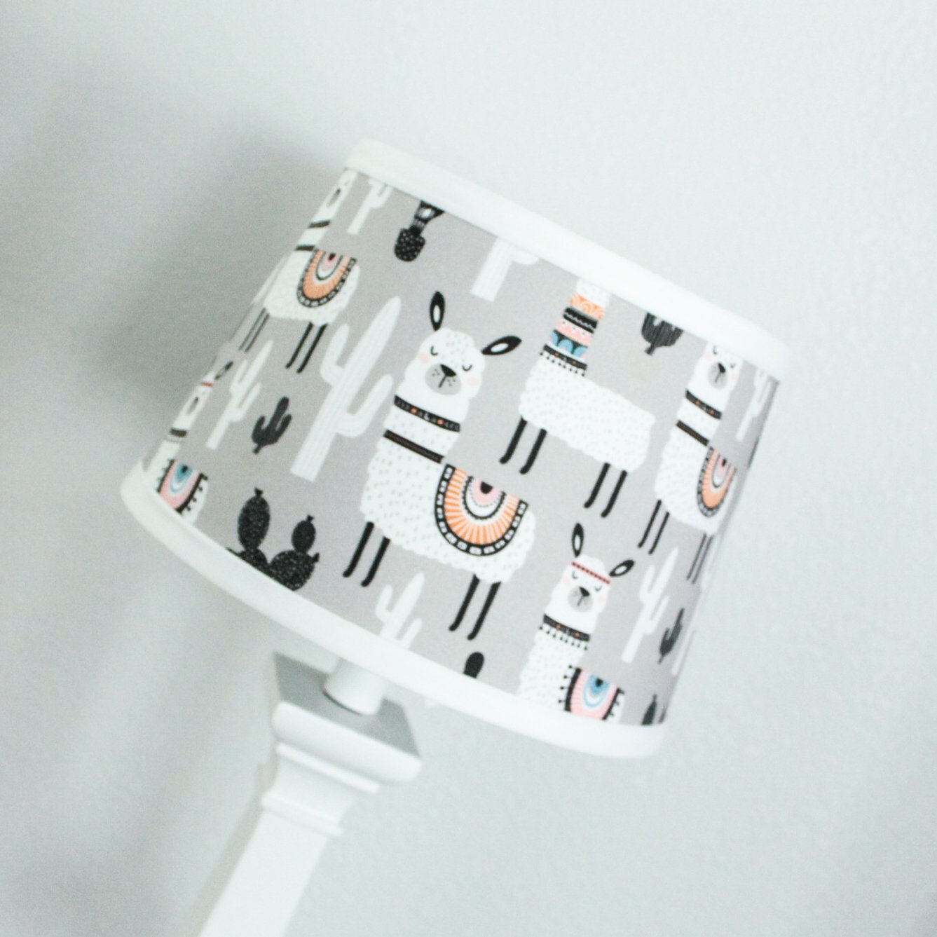 Llama and Cactus Black white gray Lamp Shade with black trim-Nursery Decor