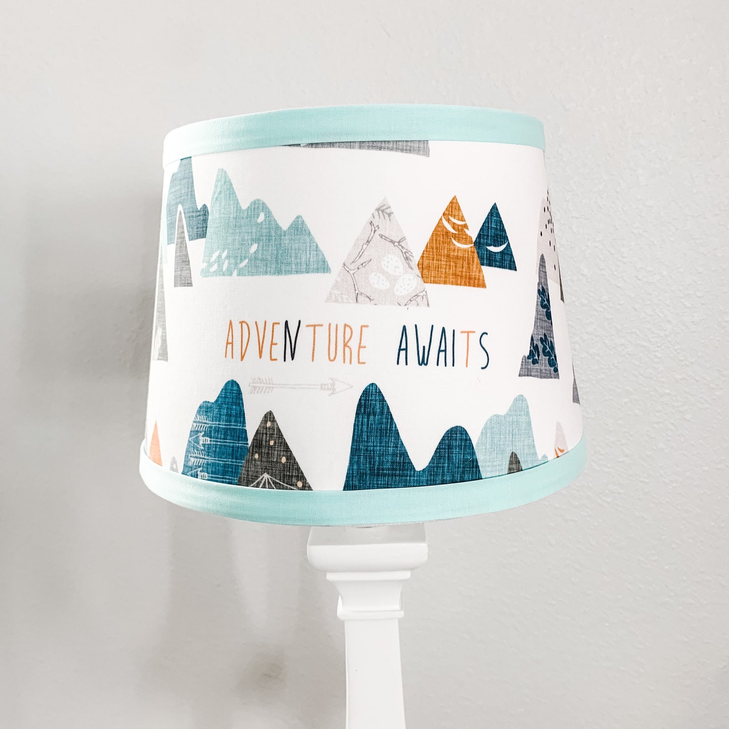 Boy Nursery Drum Lamp Shade. Adventure Awaits Mountains blue gray and navy trim