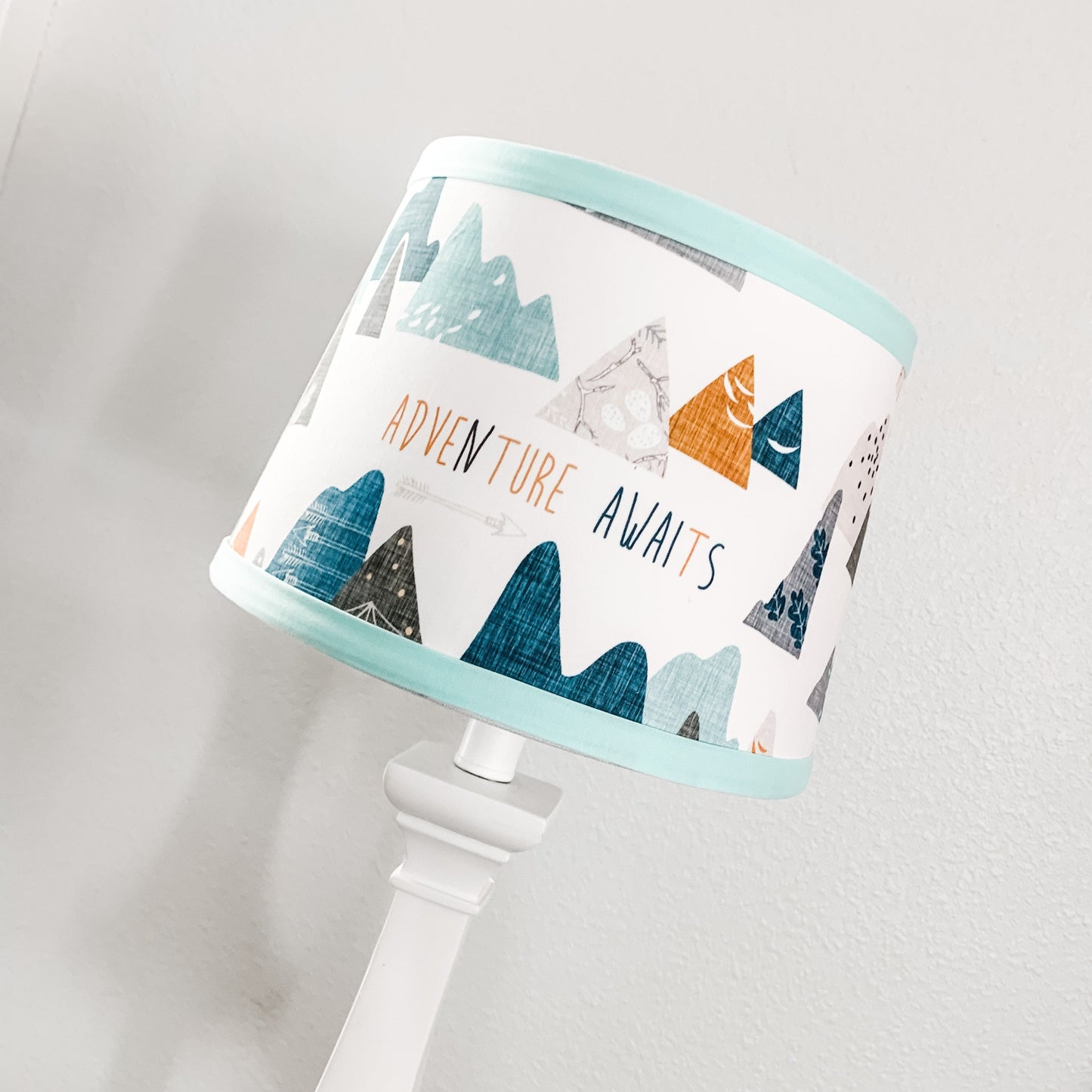 Boy Nursery Drum Lamp Shade. Adventure Awaits Mountains blue gray and navy trim