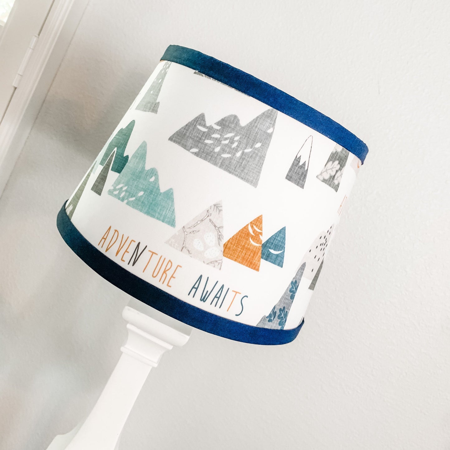 Boy Nursery Drum Lamp Shade. Adventure Awaits Mountains blue gray and navy trim