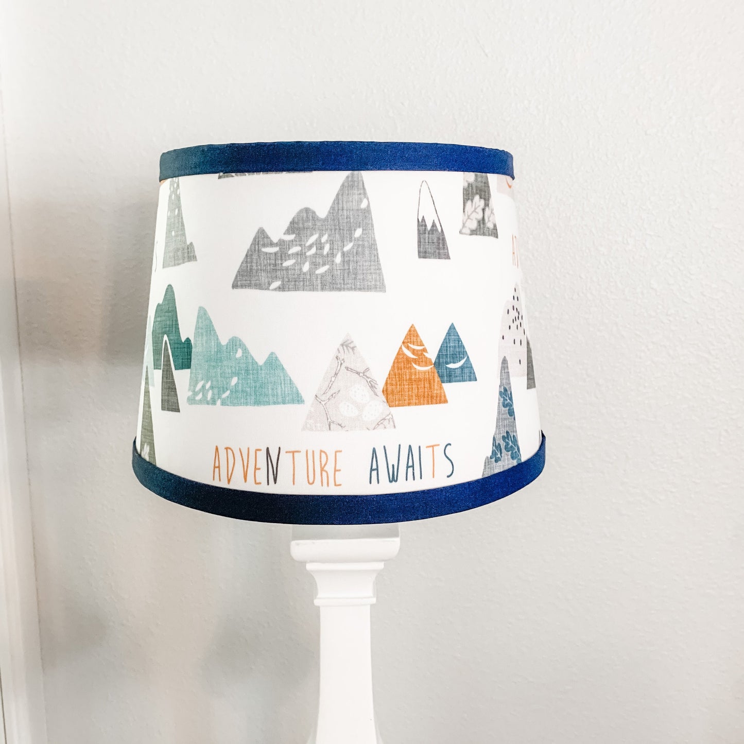 Boy Nursery Drum Lamp Shade. Adventure Awaits Mountains blue gray and navy trim