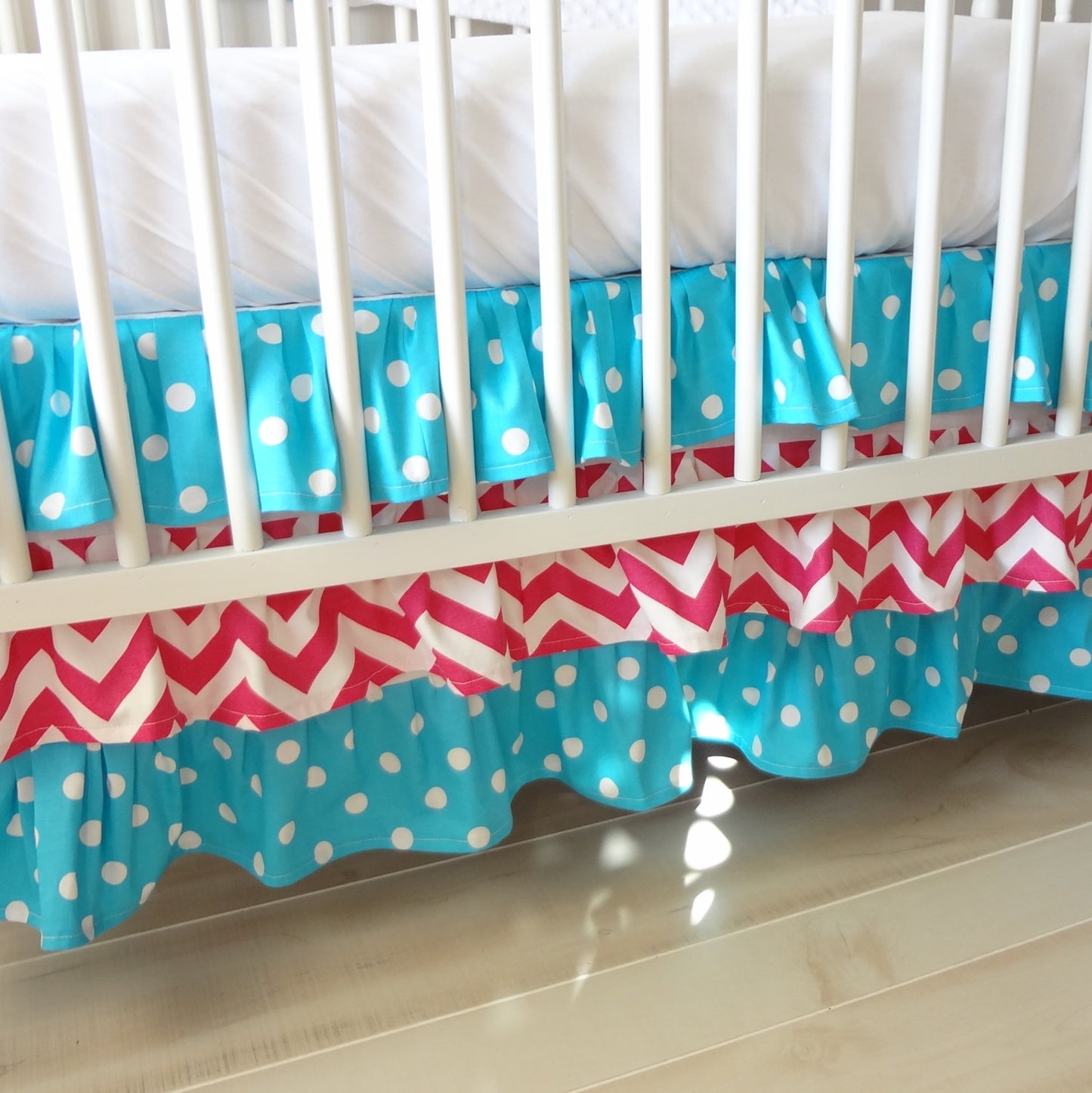 Ruffled Crib skirt. 3 Tiered Crib skirt design. Available in all fabric collections.