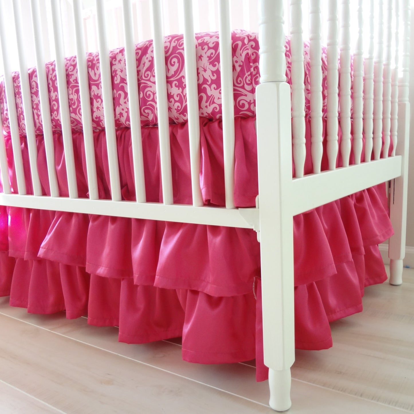 Ruffled Crib skirt. 3 Tiered Crib skirt design. Available in all fabric collections.