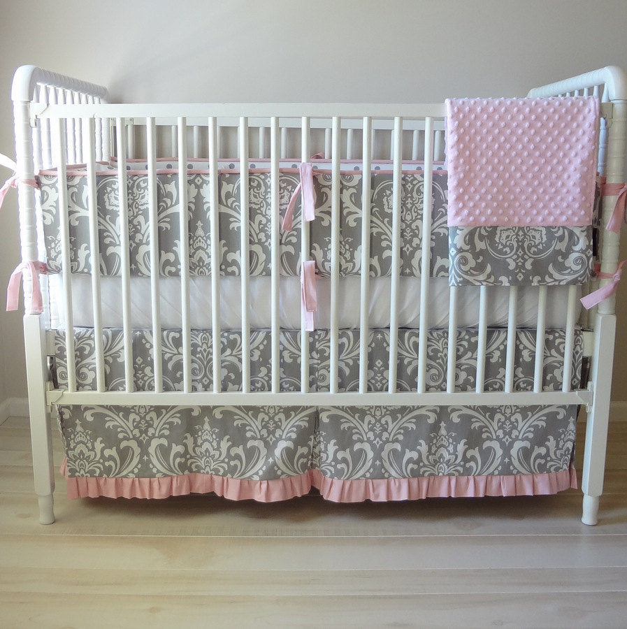 Pink and Gray Damask Crib baby bedding set